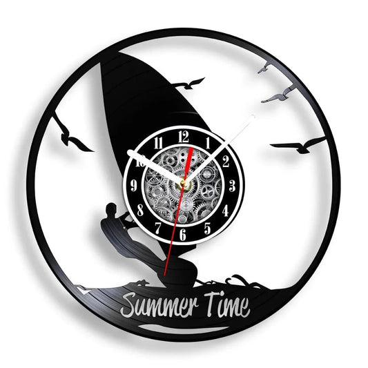 Windsurfing Gifts and Gear Clock GIT-1118 / With LED Light Windsurfing Laser Cut Vinyl Record Wall Clock