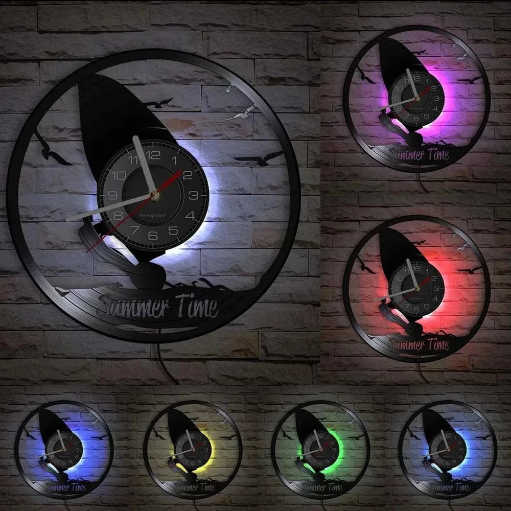 Windsurfing Gifts and Gear Clock With LED2 Windsurfing Vinyl LP Record Wall Clock Home Decor