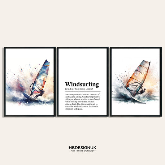 Windsurfing Gifts and Gear Decor Windsurfing Print Poster Set - Set of 3 Windsurfer Posters | Watercolour Art Painting | Wind Surfing Decoration Decor | Sports Gifts