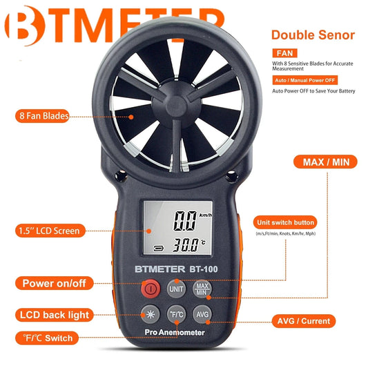 Windsurfing Gifts and Gear Windmeter BTMETER BT-100 Handheld Digital Anemometer,0-30 m/s Wind Speed Meters, Wind Speed Sensor for UAV ,Wind Chill, Surfing Shooting