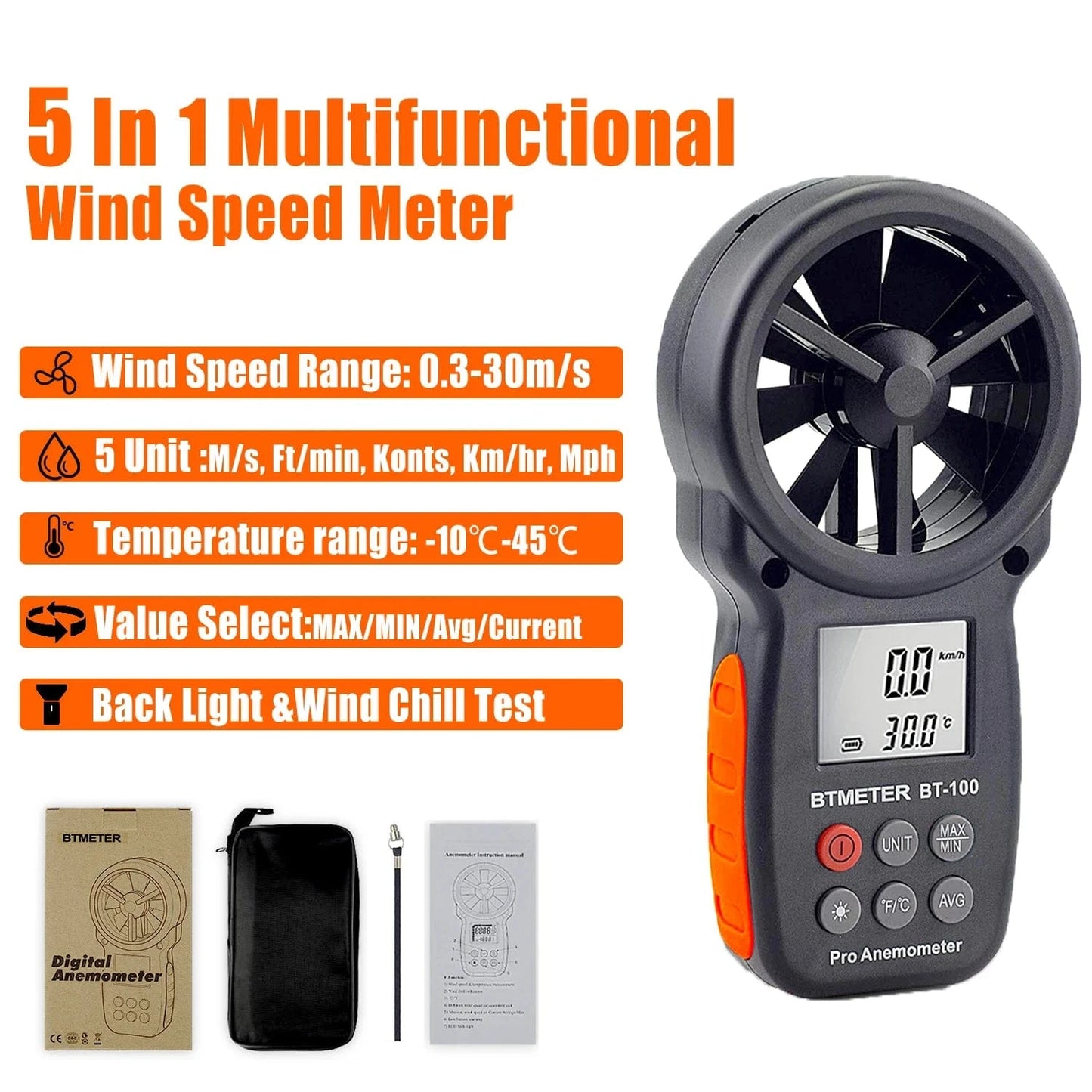 Windsurfing Gifts and Gear Windmeter BTMETER BT-100 Handheld Digital Anemometer,0-30 m/s Wind Speed Meters, Wind Speed Sensor for UAV ,Wind Chill, Surfing Shooting