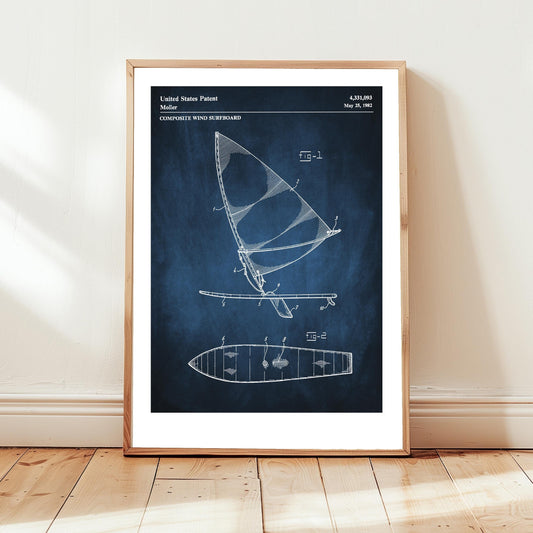 Windsurfing Gifts and Gear Windsurfing board design from US Patent Office. Poster gift for windsurfer, windsurfing, water sports lover, sailing,