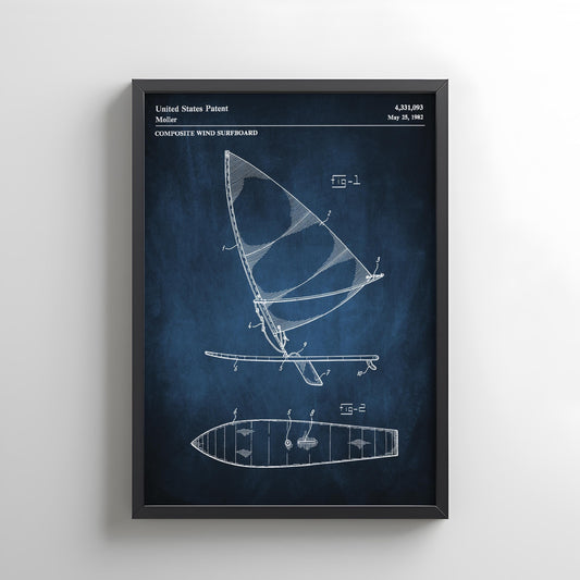 Windsurfing Gifts and Gear Windsurfing board design from US Patent Office. Poster gift for windsurfer, windsurfing, water sports lover, sailing,