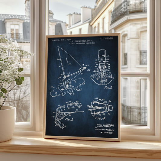 Windsurfing Gifts and Gear Decor First windsurfing  board design from US Patent Office. Poster gift for windsurfer, windsurfing, water sports, board sailing