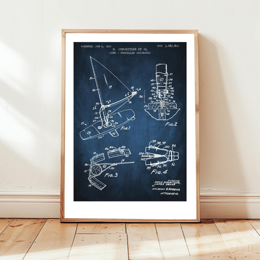 Windsurfing Gifts and Gear Decor First windsurfing  board design from US Patent Office. Poster gift for windsurfer, windsurfing, water sports, board sailing