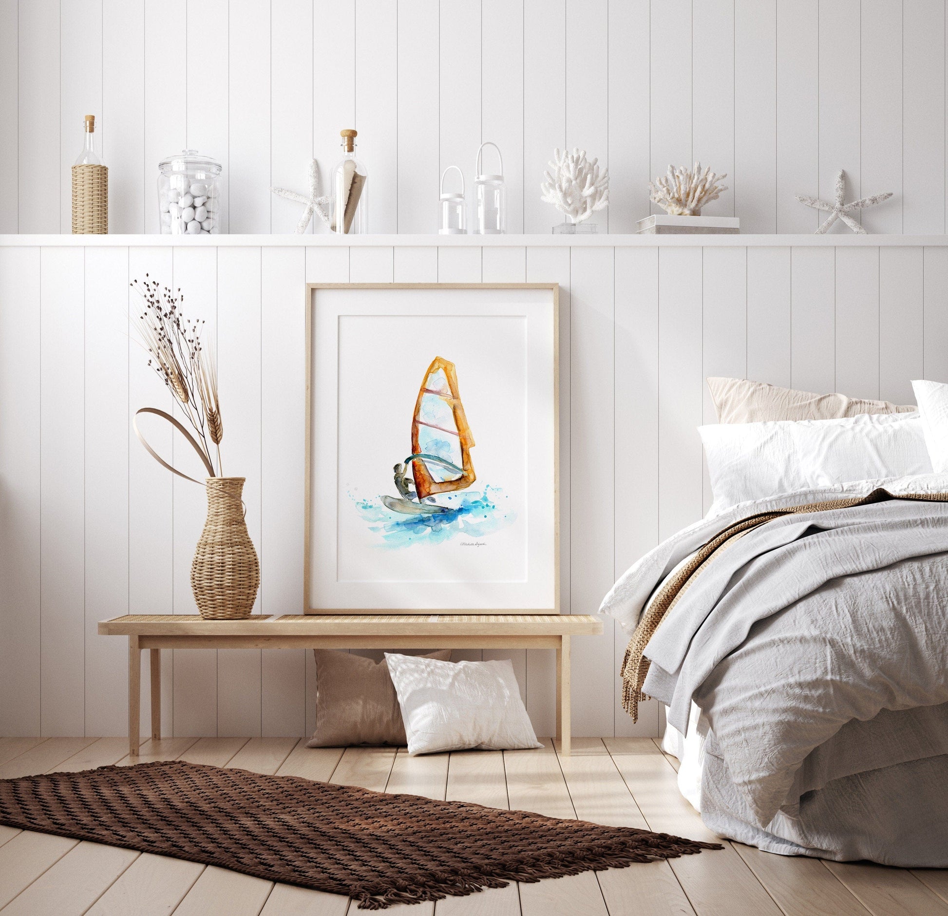 Windsurfing Gifts and Gear Decor Windsurf art  wind surf painting Surfing print surfboard painting Surf Art Ocean painting orange blue beachhouse wall art surf decoration